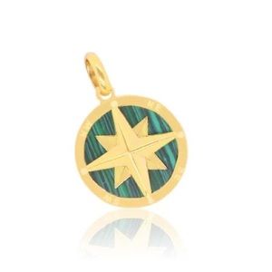 14K Solid Italian Gold Malachite Compass Charm Genuine Malachite Compass Pendant